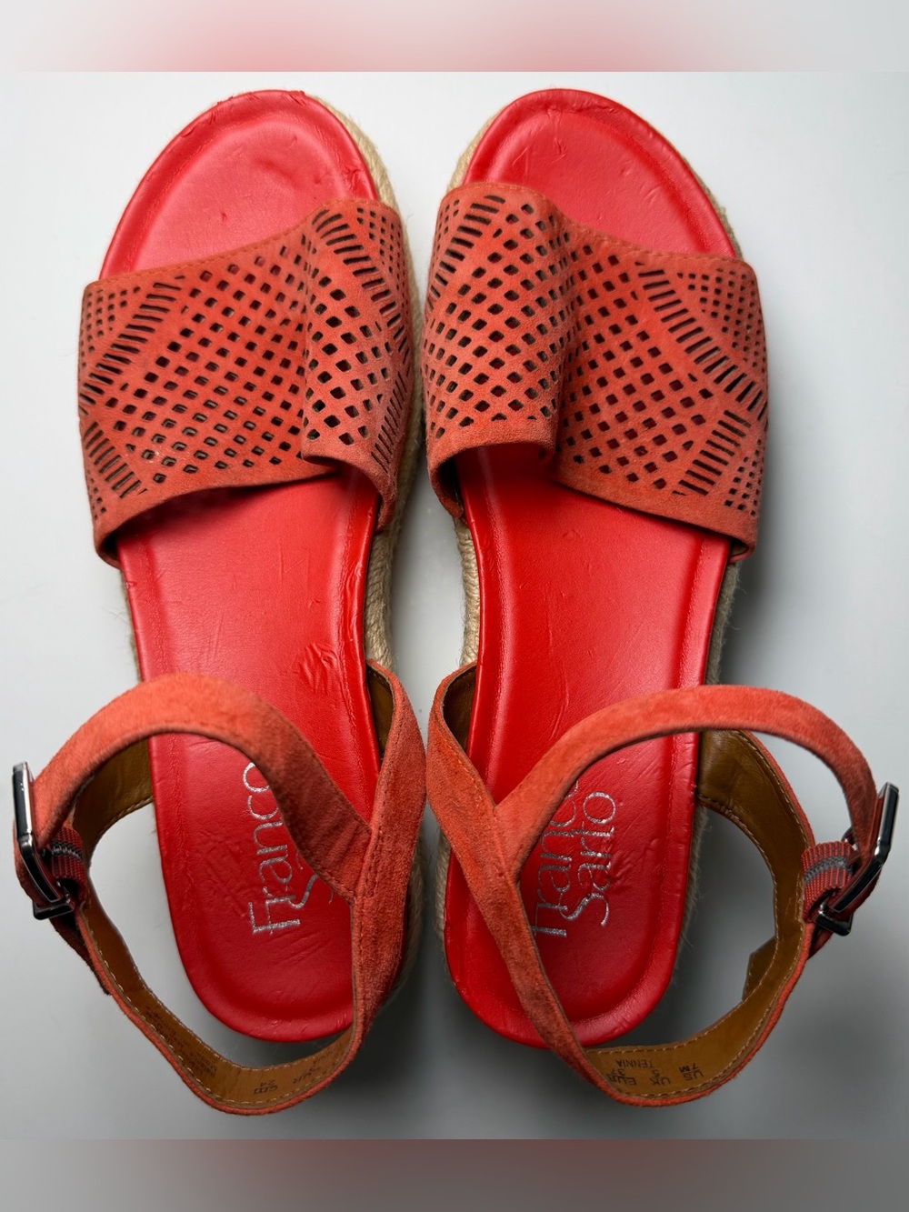 NWT Franco Sarto Tennia 7 Coral Red Espadrille Jute Wedge Suede Leather Sandal - Picture 3 of 16